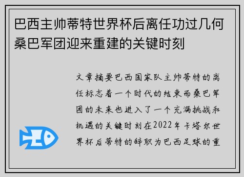 巴西主帅蒂特世界杯后离任功过几何桑巴军团迎来重建的关键时刻