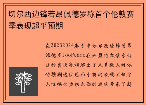 切尔西边锋若昂佩德罗称首个伦敦赛季表现超乎预期 切尔西边锋若昂佩德罗称首个伦敦赛季表现超乎预期