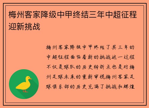 梅州客家降级中甲终结三年中超征程迎新挑战
