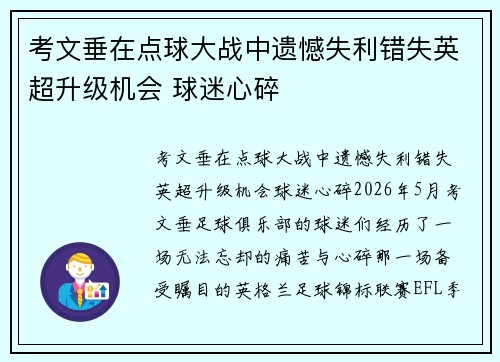 考文垂在点球大战中遗憾失利错失英超升级机会 球迷心碎