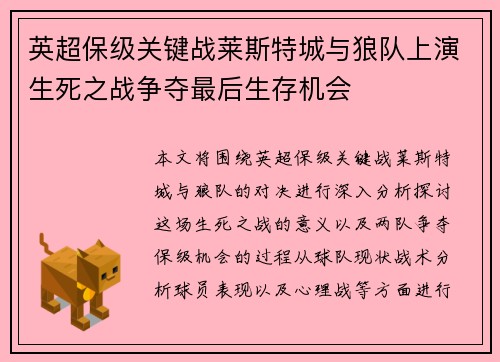 英超保级关键战莱斯特城与狼队上演生死之战争夺最后生存机会