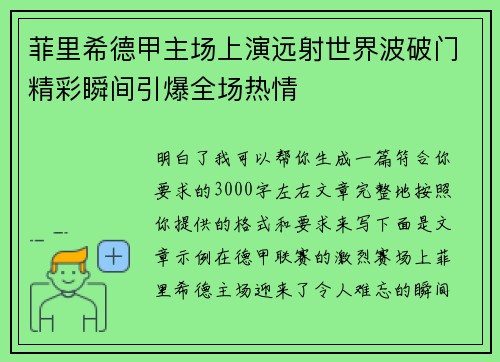 菲里希德甲主场上演远射世界波破门精彩瞬间引爆全场热情